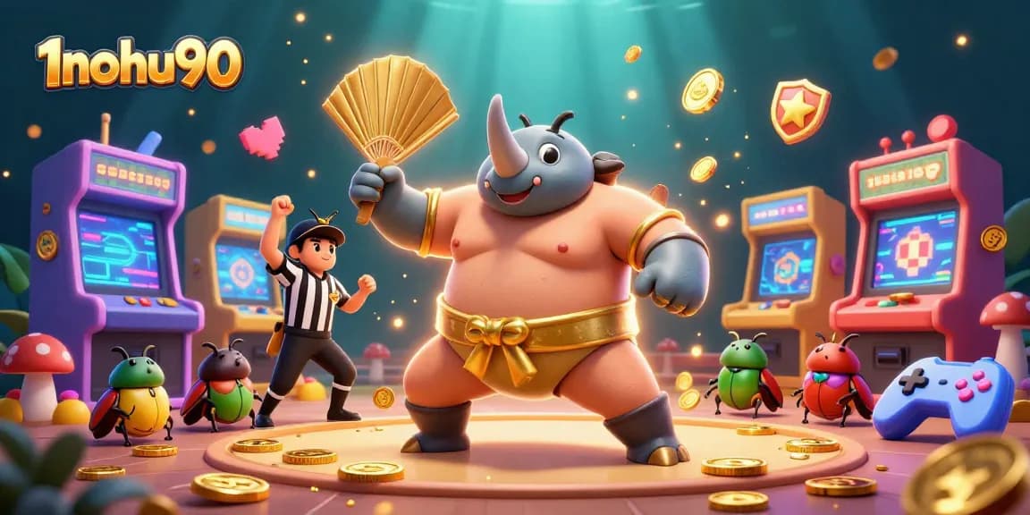 Experience the excitement of 1nohu90 with animated characters and casino elements in a vibrant setting.