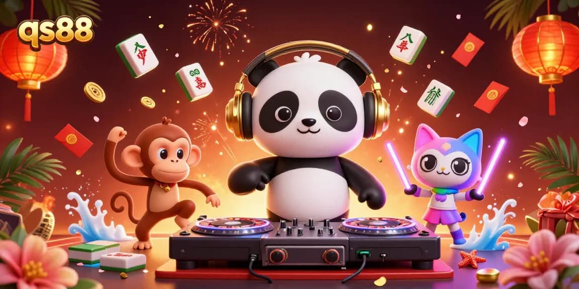Experience thrilling gameplay at qs88 with a lively scene of a DJ panda, dancing monkey, and glow-stick kitten.