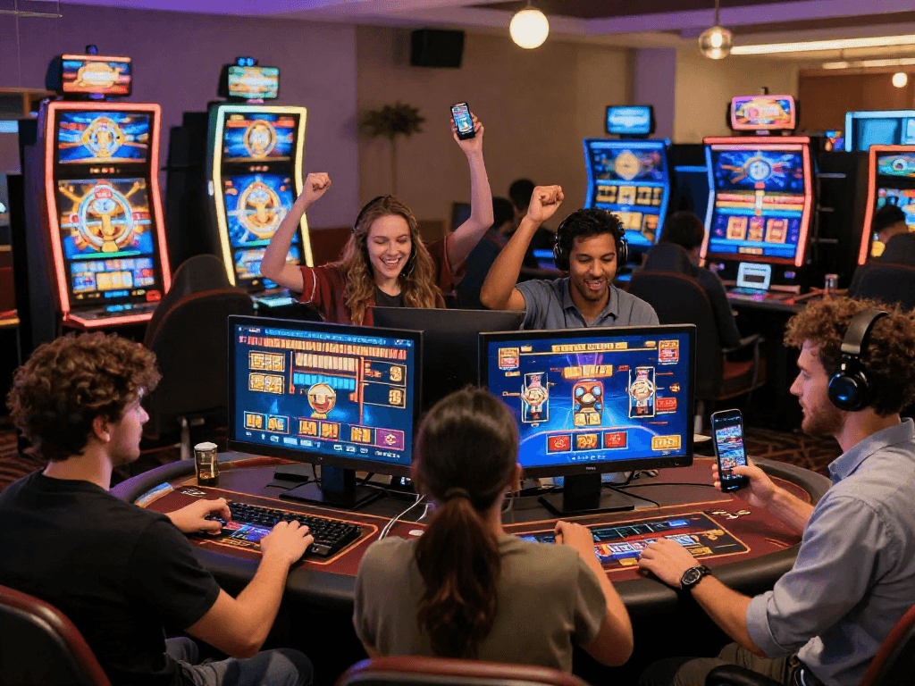 Scène de casino en ligne avec des joueurs célébrant des victoires, mettant en avant l'excitation du jeu en ligne.