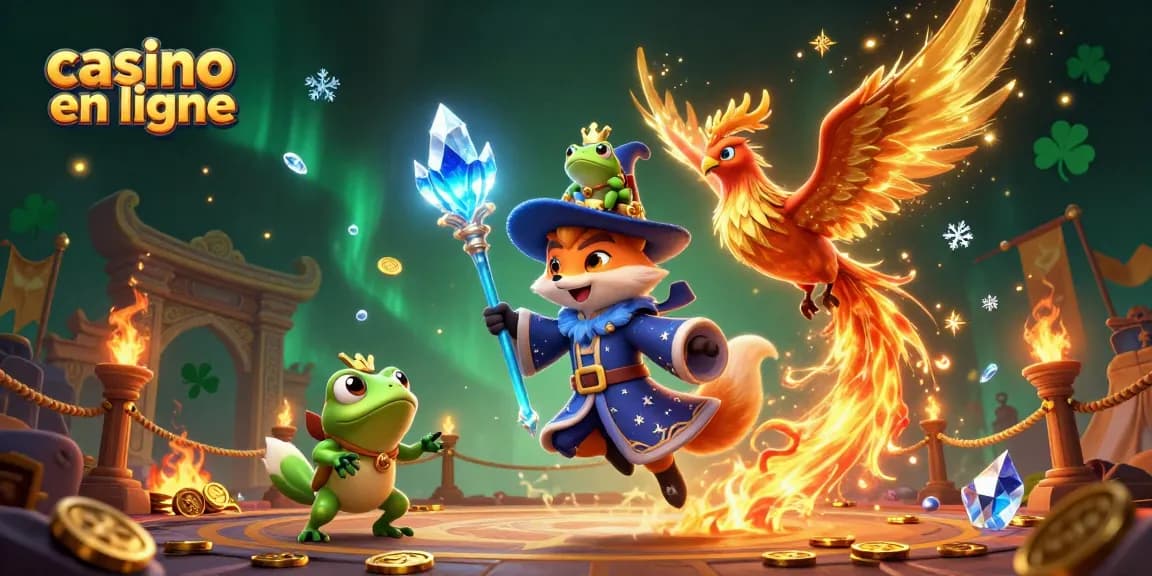 Plongez dans l'univers du casino en ligne avec ce visuel dynamique illustrant un wizard, un phoenix et une grenouille enchantée.