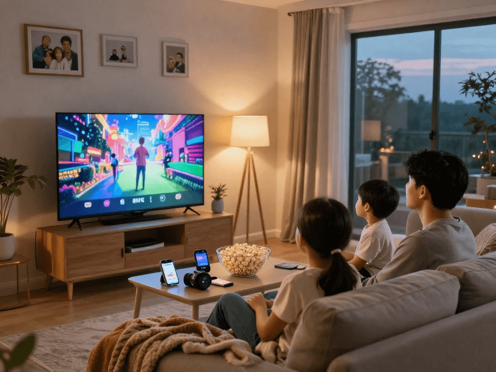 Vision de famille profitant de Iron tv en 4K dans un salon confortable.