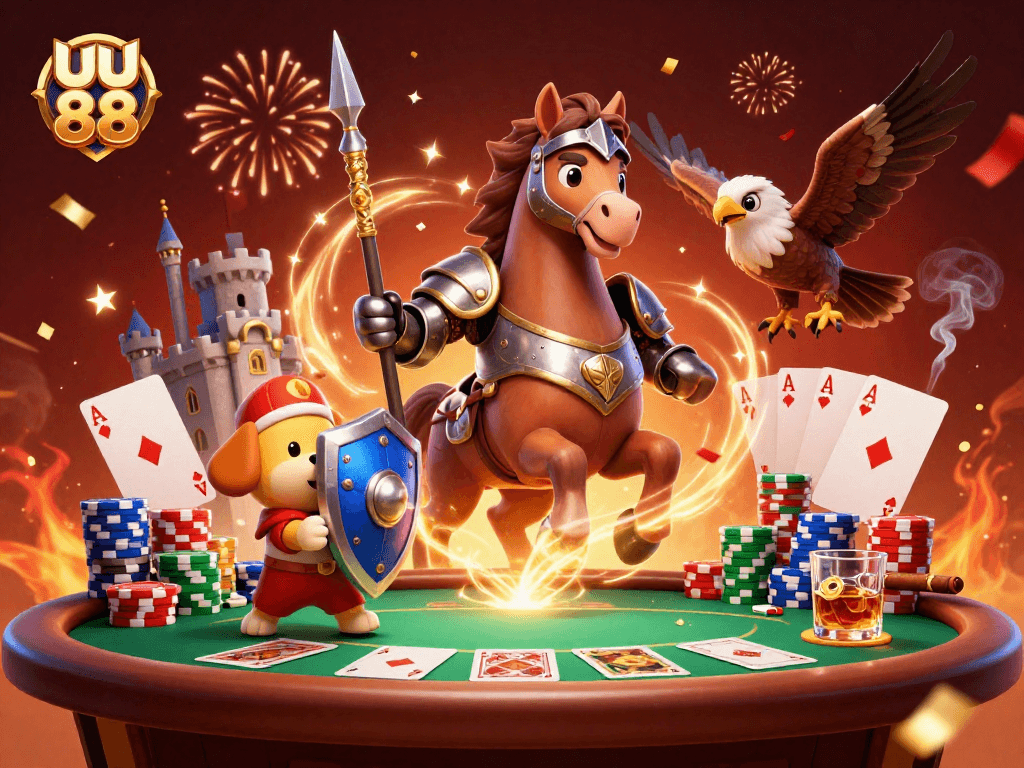 Engage in the exciting world of uu 88 with a vibrant poker scene featuring a medieval knight, puppy, and falcon.