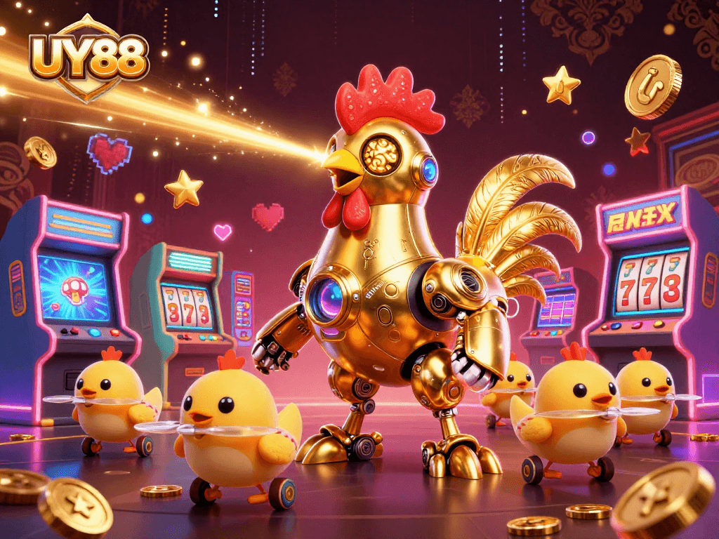 Experience the exciting world of UY88 as the golden rooster robot leads the way through vibrant gaming adventures.