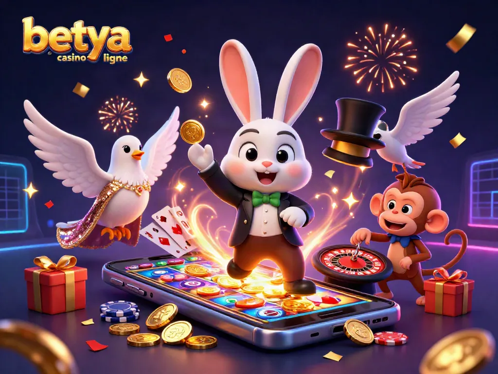 Experience the magic of betya casino en ligne with a whimsical 3D scene of gaming excitement.