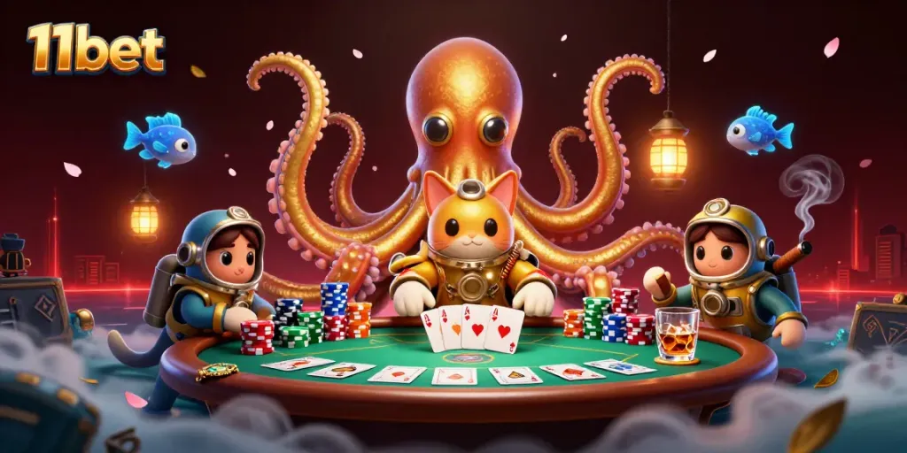 Experience the thrill of 11bet with vibrant gaming elements and a majestic kraken amidst a lively casino scene.