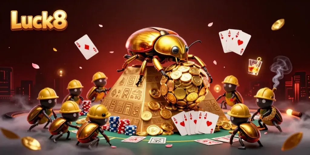 Luck8 casino scene featuring a golden dung beetle rolling coins, poker elements, and vibrant casino atmosphere.