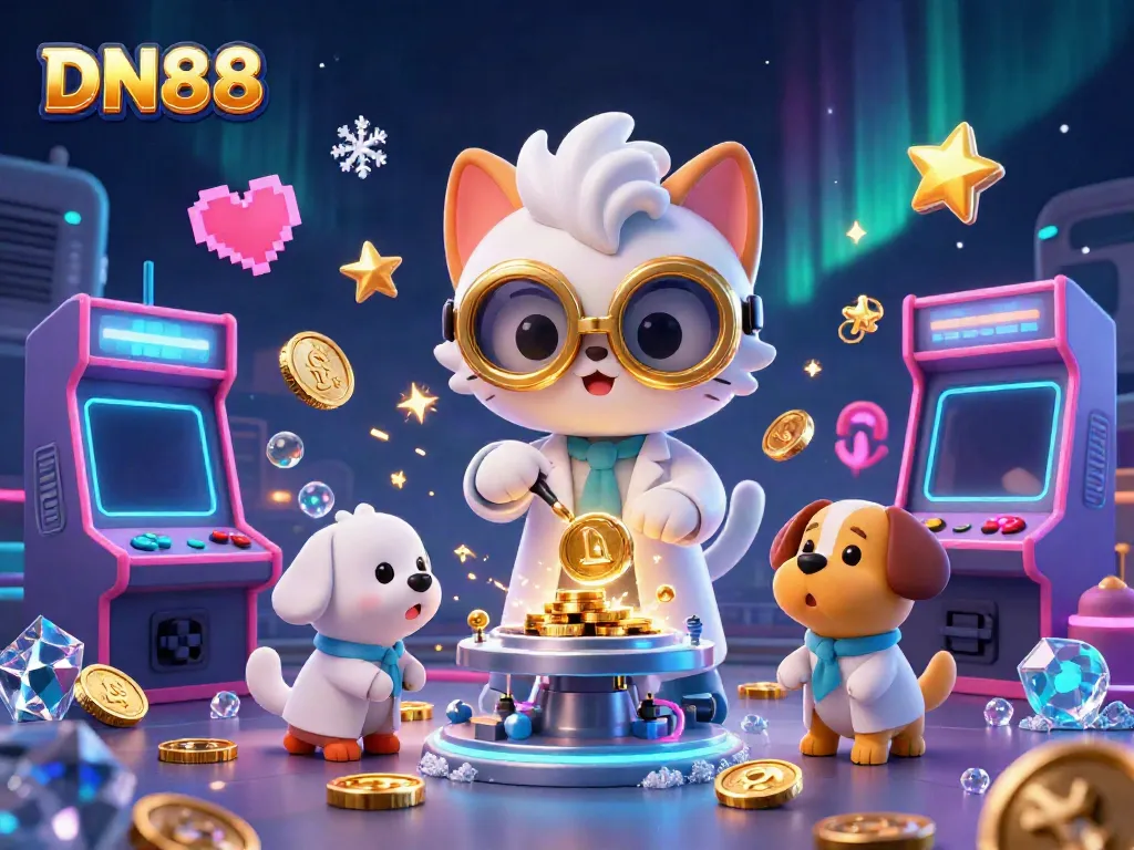 Engage in thrilling gameplay with DN88, featuring a mad scientist cat and dog in a vibrant casino lab.