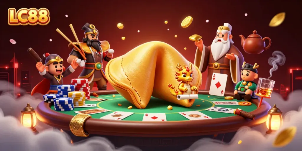 Engage with LC88's immersive casino gaming scene, featuring dragon fortune and vibrant poker elements.