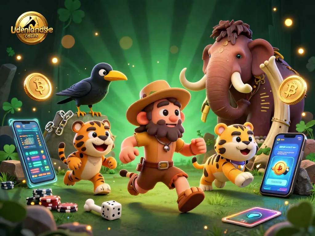 Engage in fun at the udenlandske casino with a vibrant prehistoric scene of a caveman and a tiger running their unique casino.