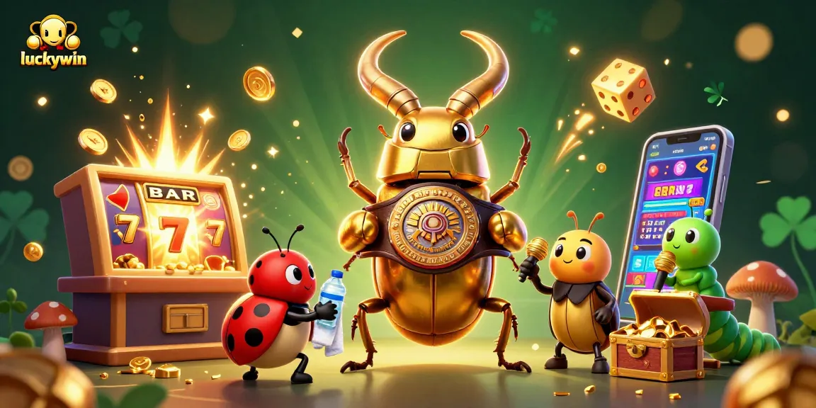 Experience luckywin with a vibrant 3D illustration of a golden stag beetle champion in a casino setting amidst slot jackpots.