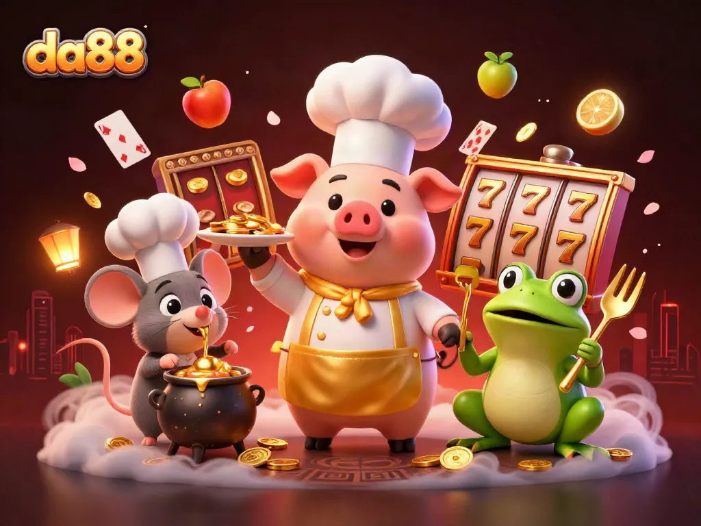 Experience thrilling wins at da88 with an exciting casino scene featuring a chef pig serving gold coins.
