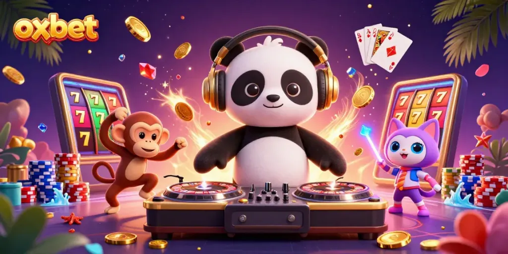 Winning at oxbet with a DJ panda, breakdancing monkey, and glowing kitten in vibrant casino scene.