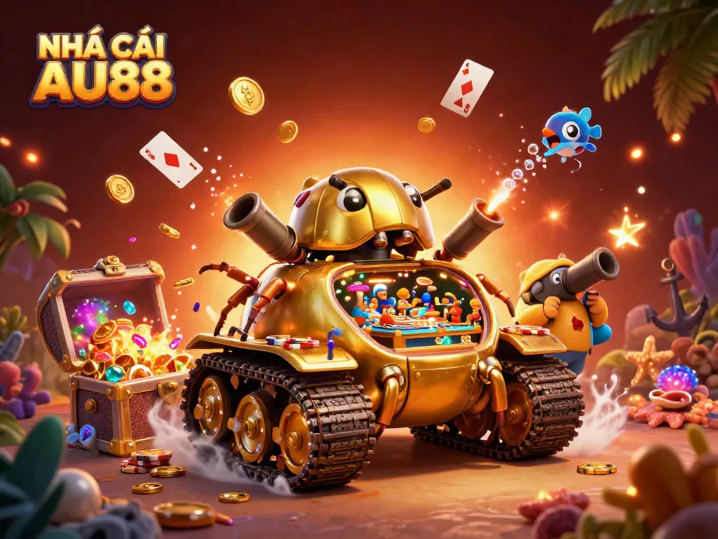 Experience the fun at NHÀ CÁI AU88 with a vibrant miniature casino scene inside a golden beetle tank.