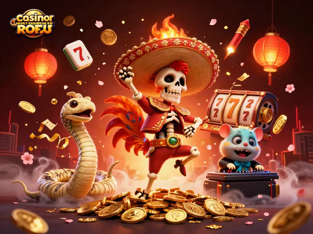 Experience the thrill of casino sider uden ROFUS with a vibrant scene of colorful characters and exciting gaming elements.