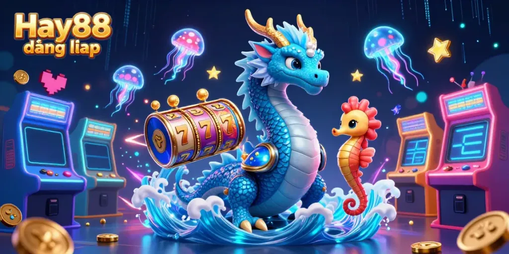 Experience the thrill of Hay88 đăng nhập with a dazzling underwater scene of a dragon, knight, and jellyfish.