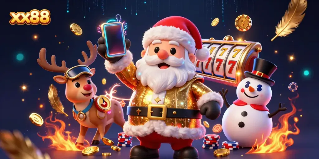 Experience thrilling jackpot slots with Santa at xx88 in this vivid casino scene.