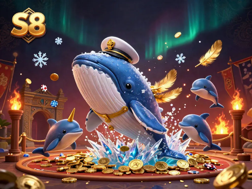 Win big at S8 with a thrilling casino scene featuring a whale and dolphins surrounded by gold and games.