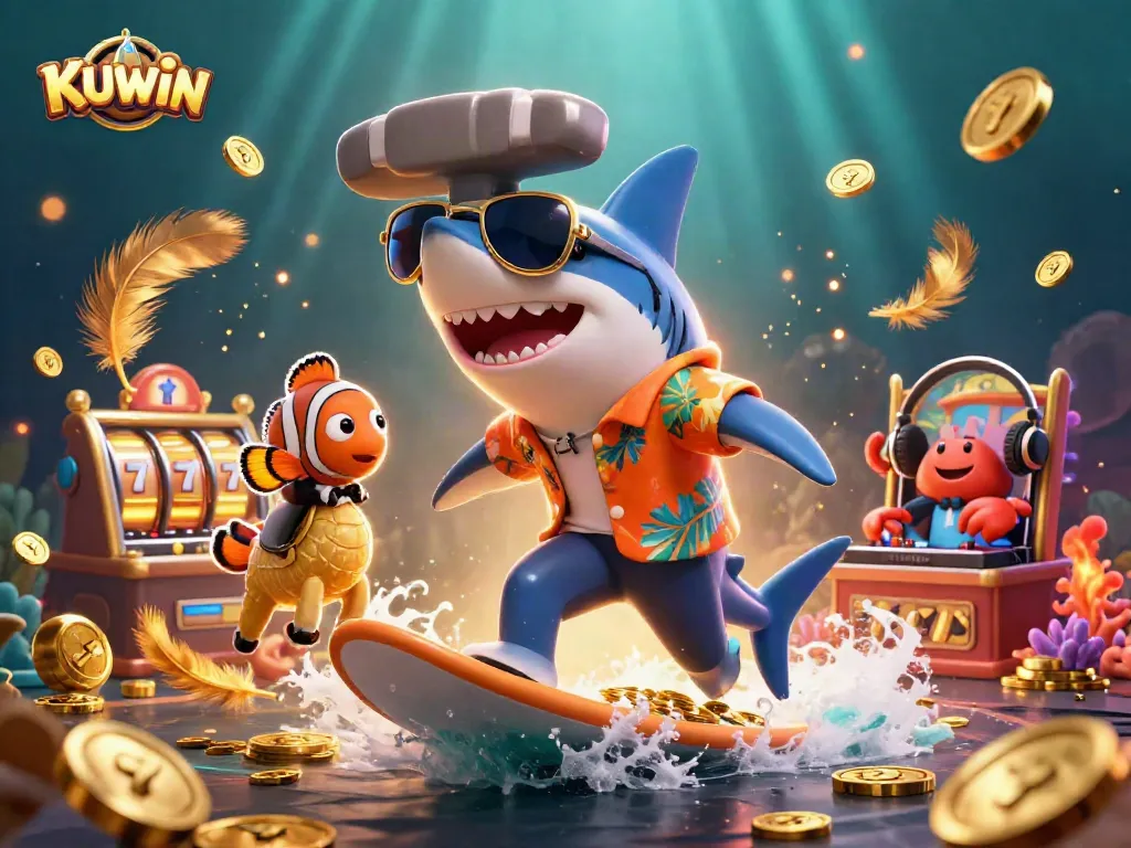 Catch the excitement with KUWIN as a shark surfs on gold coins in a vibrant casino scene.