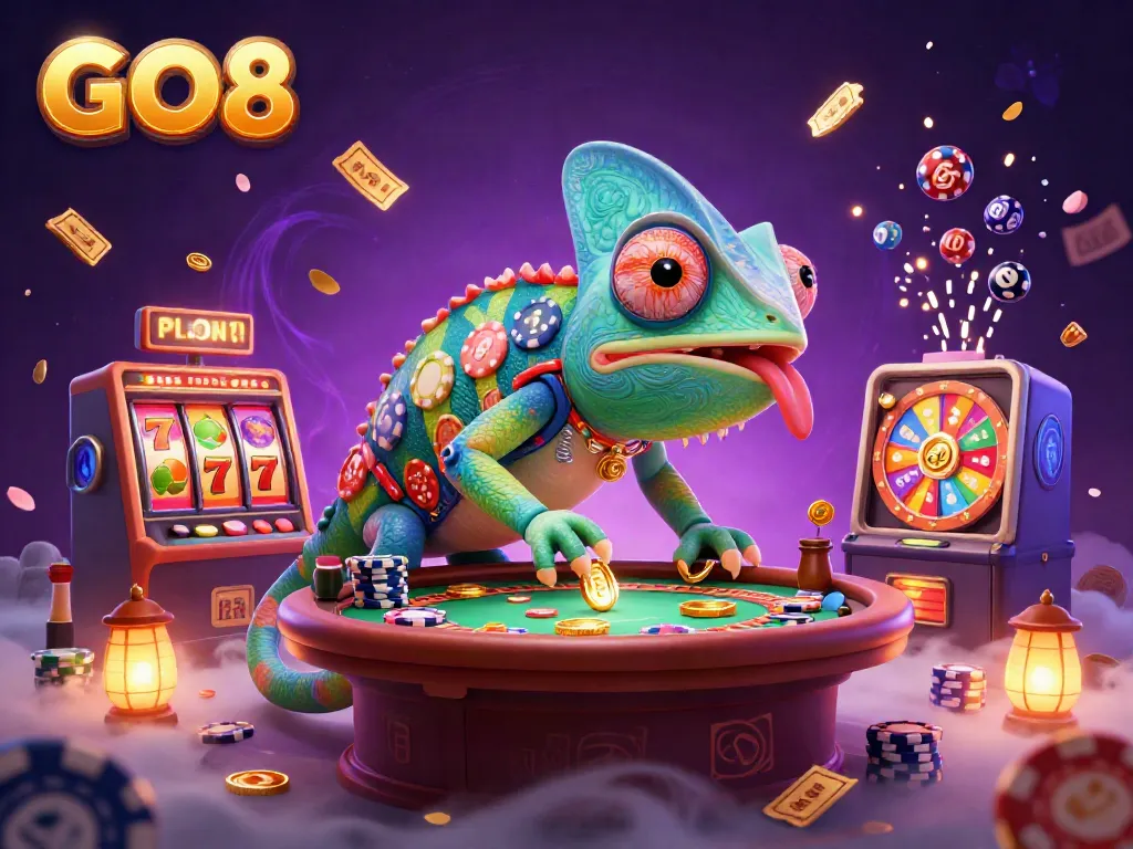 Go8 casino scene featuring an enormous chameleon owner, slot machines, and dynamic gameplay elements.