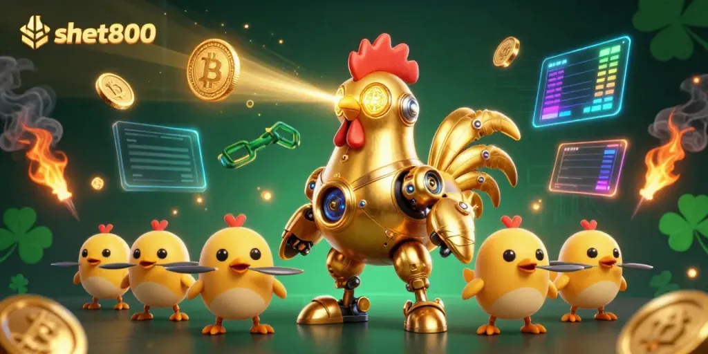 Experience shbet800's thrilling action featuring a golden rooster robot amidst glowing crypto elements.