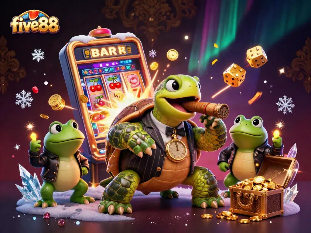 Experience five88's vibrant casino scene with a turtle in a mobster suit and dynamic game elements.