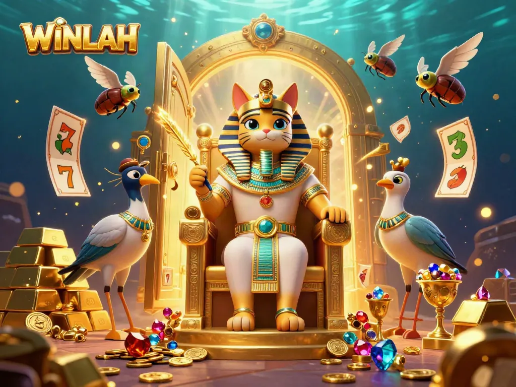 WINLAH online casino features a vibrant 3D illustration of a pharaoh cat amidst dynamic slot game elements and treasure.