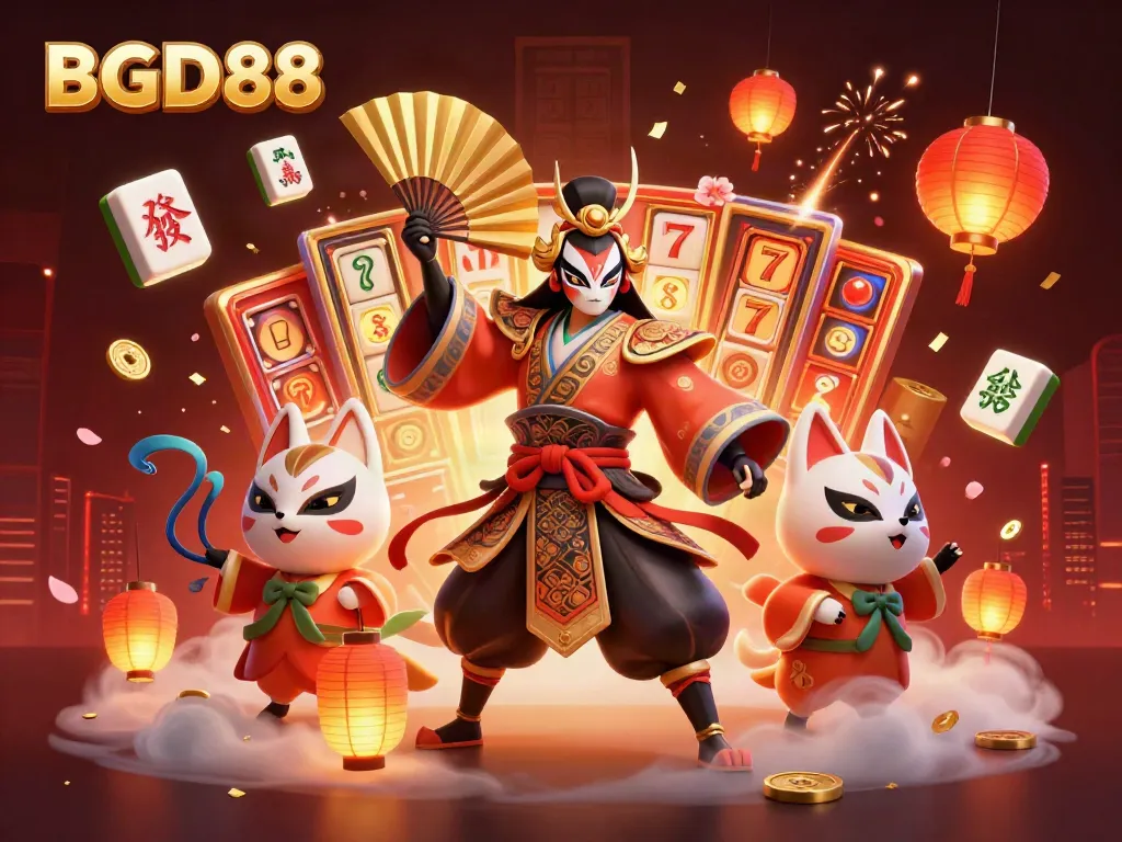 Experience BGD88's vibrant casino gaming scene with kabuki warrior and kitsune in a dynamic illustration.
