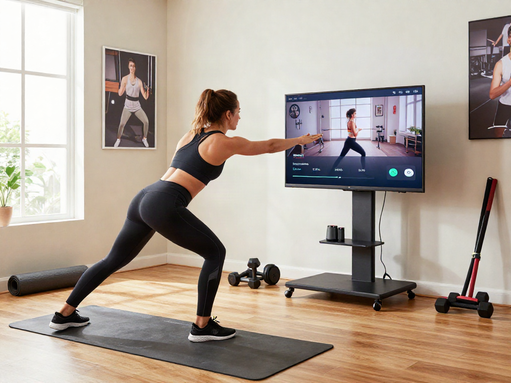 Iron tv setup in a modern home gym with workout gear and natural light