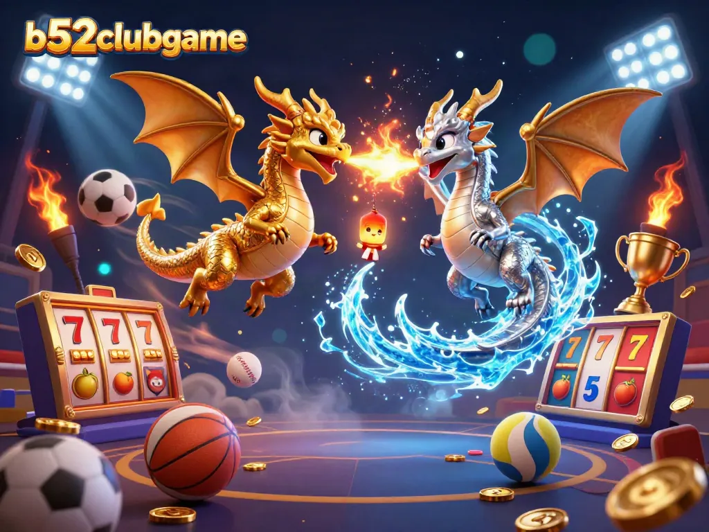Bets and winnings await in a vibrant b52clubgame 3D casino world featuring dragons and slot elements.