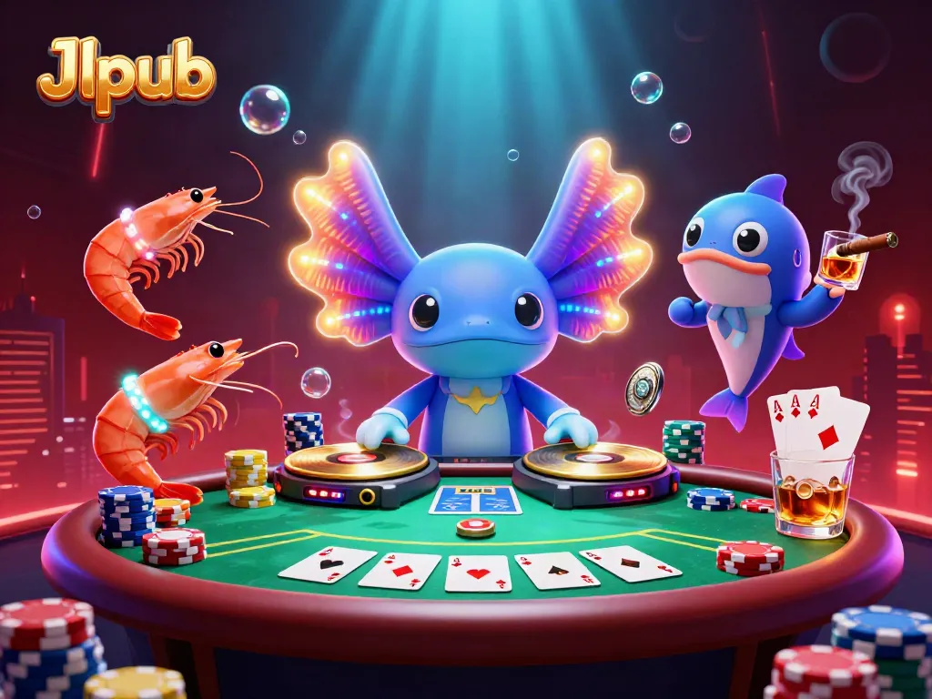 Experience Jlpub's vibrant underwater casino world with a neon axolotl DJ, poker elements, and dynamic aquatic dancers.