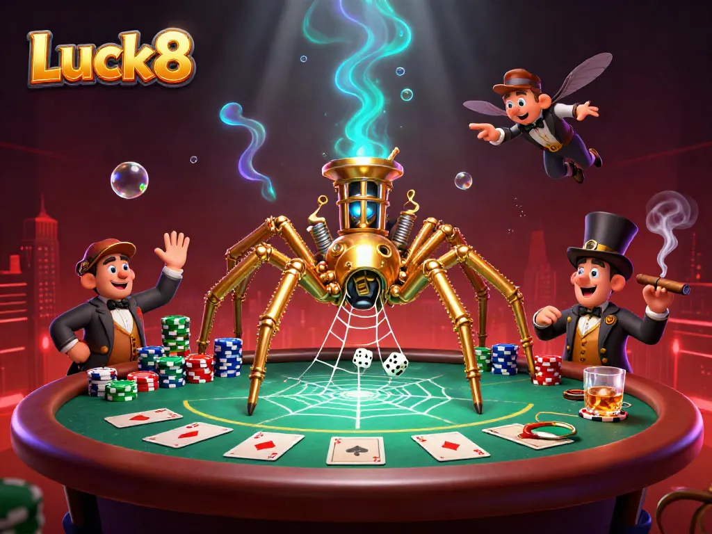 Luck8's captivating casino scene with a golden spider and a Victorian fly gentleman, enriching the gaming experience.