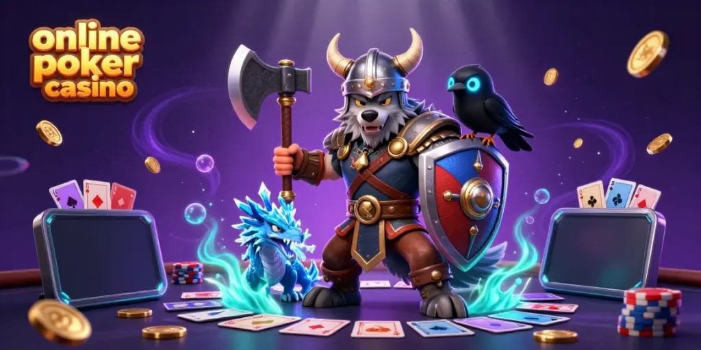 Engage with the vibrant online poker casino scene featuring 3D characters and gaming elements.