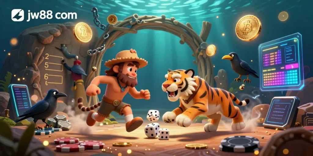 Experience the thrill of jw88 com as a caveman and sabertooth tiger run a lively prehistoric casino with digital crypto elements.