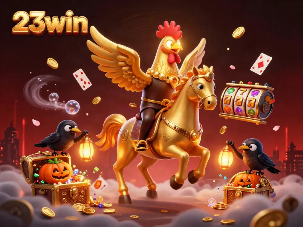 Experience thrilling gameplay at 23win with a captivating 3D casino scene featuring a golden rooster and dynamic treasure elements.