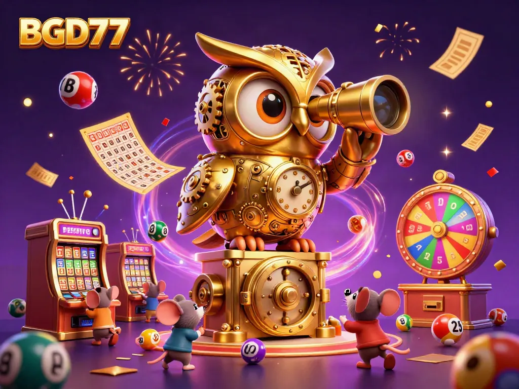Experience exciting gameplay at BGD77 with vibrant casino elements, a golden owl, and colorful lottery balls.