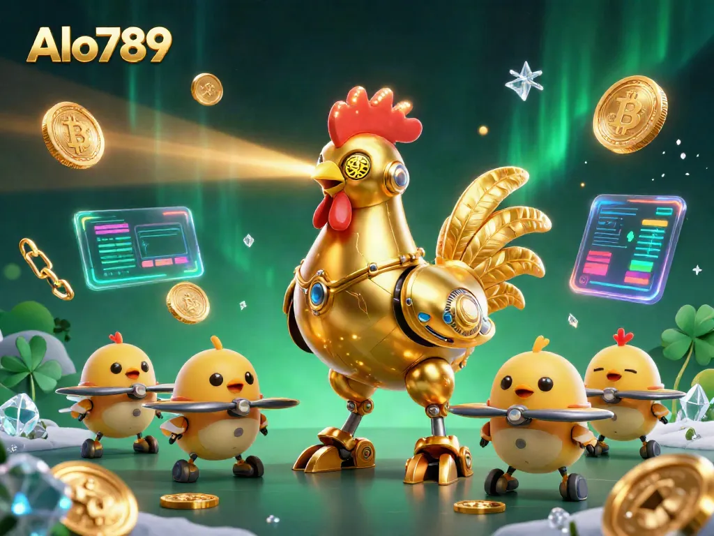 Experience thrilling gaming with Alo789's futuristic casino adventure featuring a golden rooster robot.
