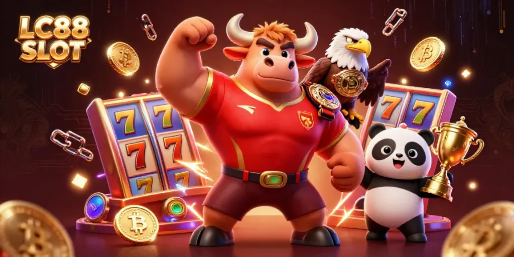 Engage in excitement with LC88 SLOT featuring a victorious bull mascot, eagle champion, and panda trophy.