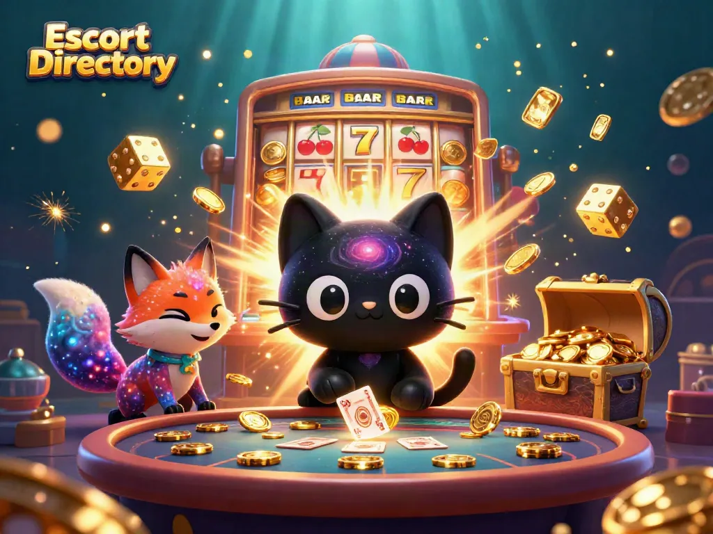 Engage in winning strategies at Escort Directory featuring a cosmic casino with vibrant characters.