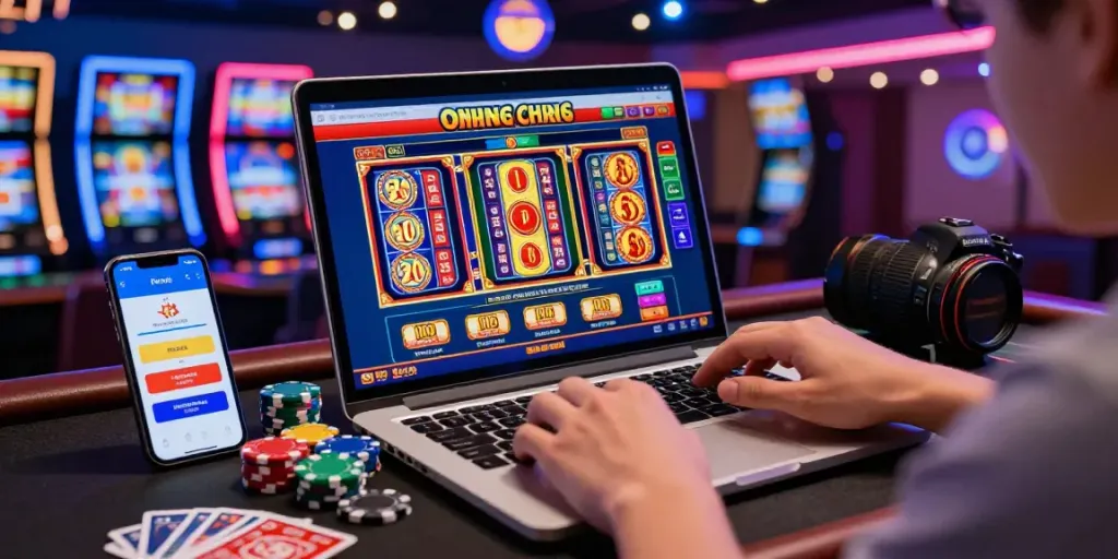Une vue de casino en ligne sans dépôt avec un joueur interactif sur son ordinateur affichant des graphismes colorés et des promotions de jeux.
