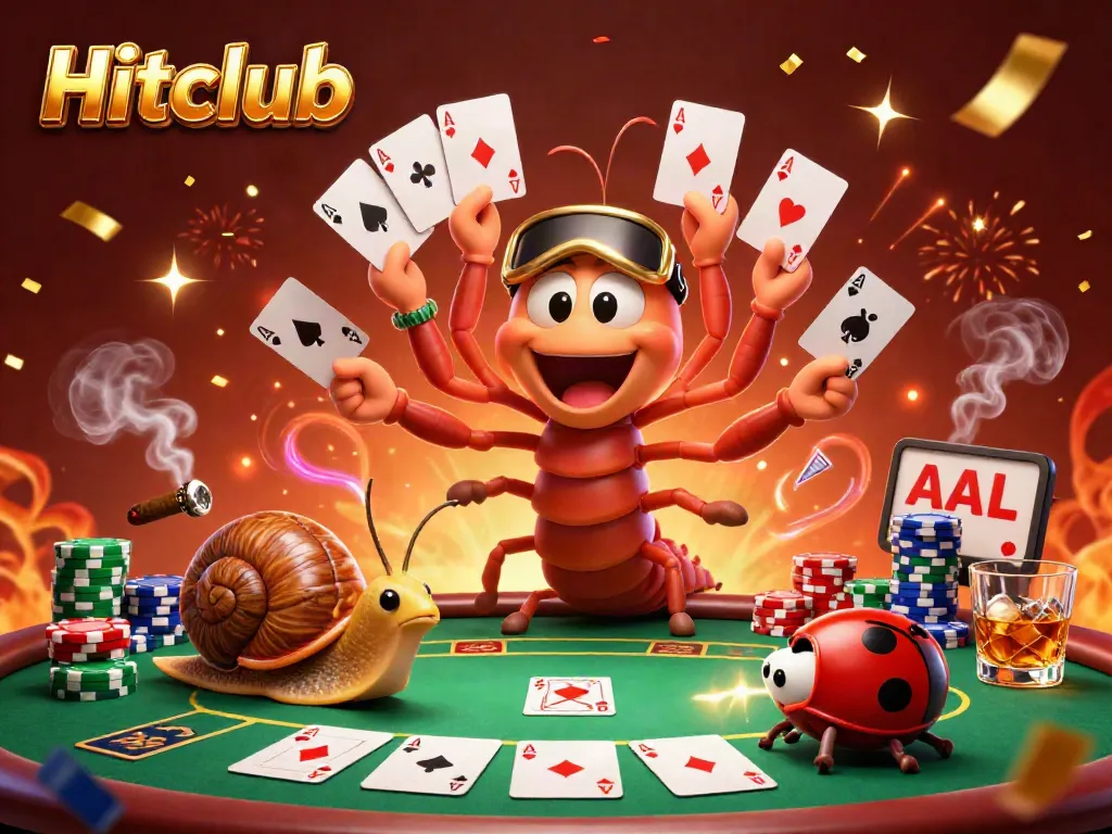 Experience the excitement of Hitclub with a colorful casino scene featuring vibrant characters and poker elements.
