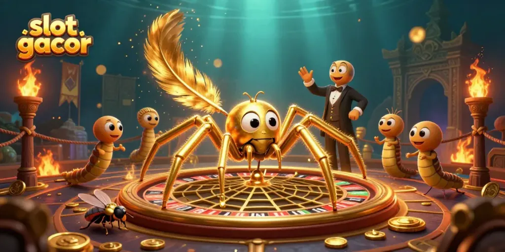 Simulasi slot gacor dengan laba-laba emas dan pelancong taruhan berani di roulette besar.