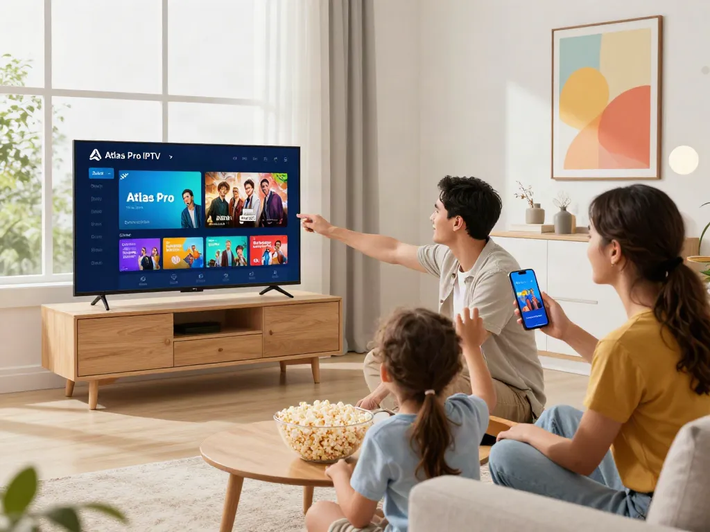 Famille profitant de l'application atlas pro iptv dans un salon accueillant avec une ambiance chaleureuse.