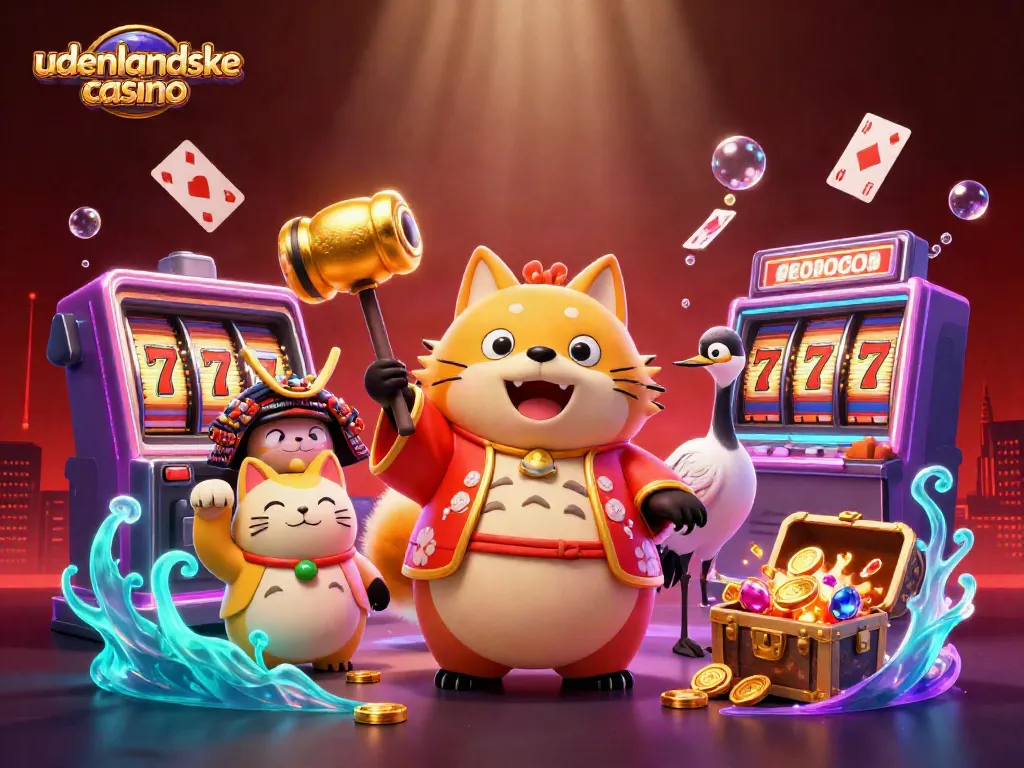 Engage with udenlandske casino through this vibrant 3D illustration showcasing festive characters amidst dynamic slot elements.