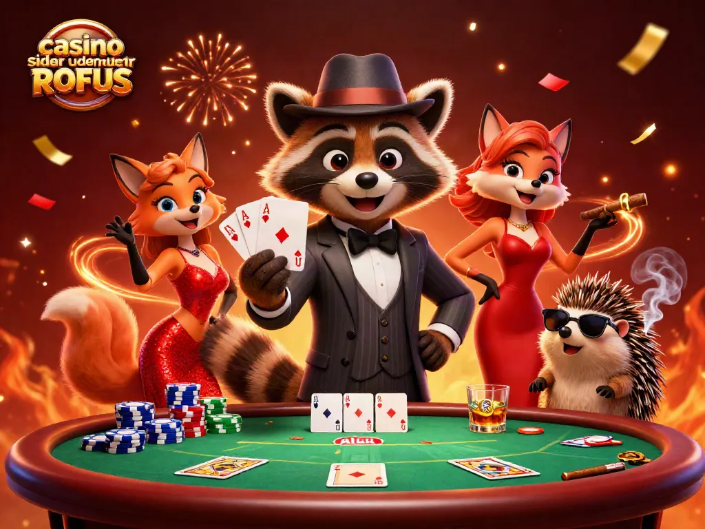Experience excitement at casino sider uden ROFUS with a raccoon, fox, and hedgehog in a vibrant poker scene.