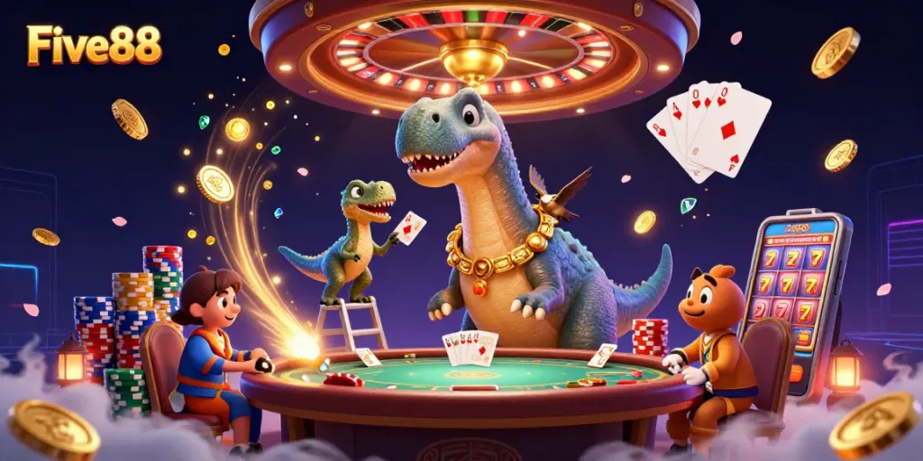 Experience excitement at Five88 with a vibrant scene of a casino featuring animated characters and games.