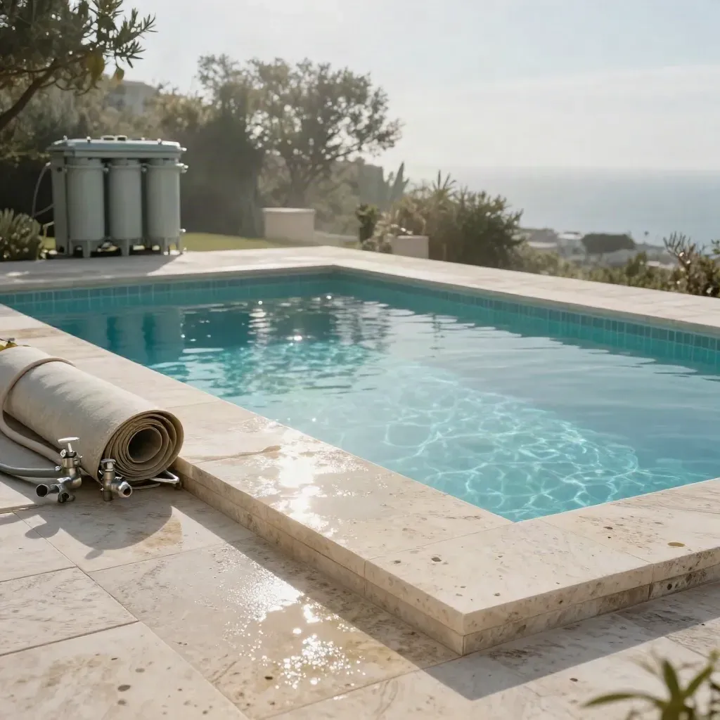 Piscine enterrée neuve sur terrasse en pierre, eau calme, local filtration et ciel clair.