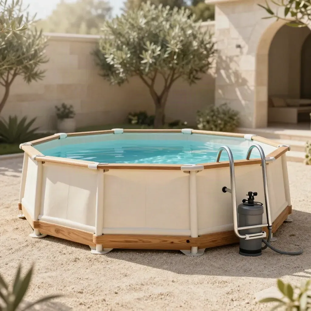 Piscine hors-sol neuve, échelle et filtre sur cour en gravier, lumière d’été douce.