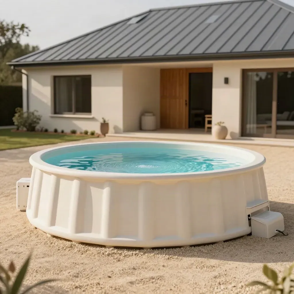 Piscine hors-sol neuve près d’une maison, eau prête, filtration en marche, graviers soignés.