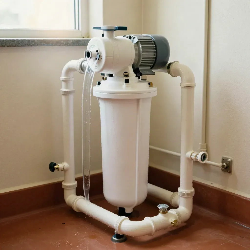 Local technique de piscine avec filtre, pompe et tuyaux PVC sous une lumière douce.