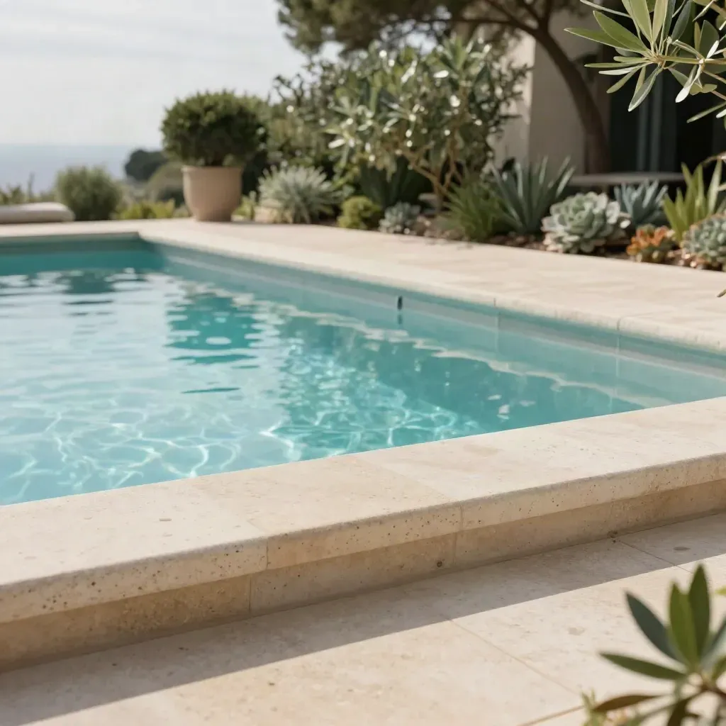 Grande piscine de villa à Antibes avec terrasse en travertin et eau azur.